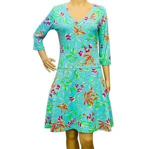 Keylime Pink Aqua Floral V-Neckline 3/4 Sleeves Pullover Flare Dress Sz S